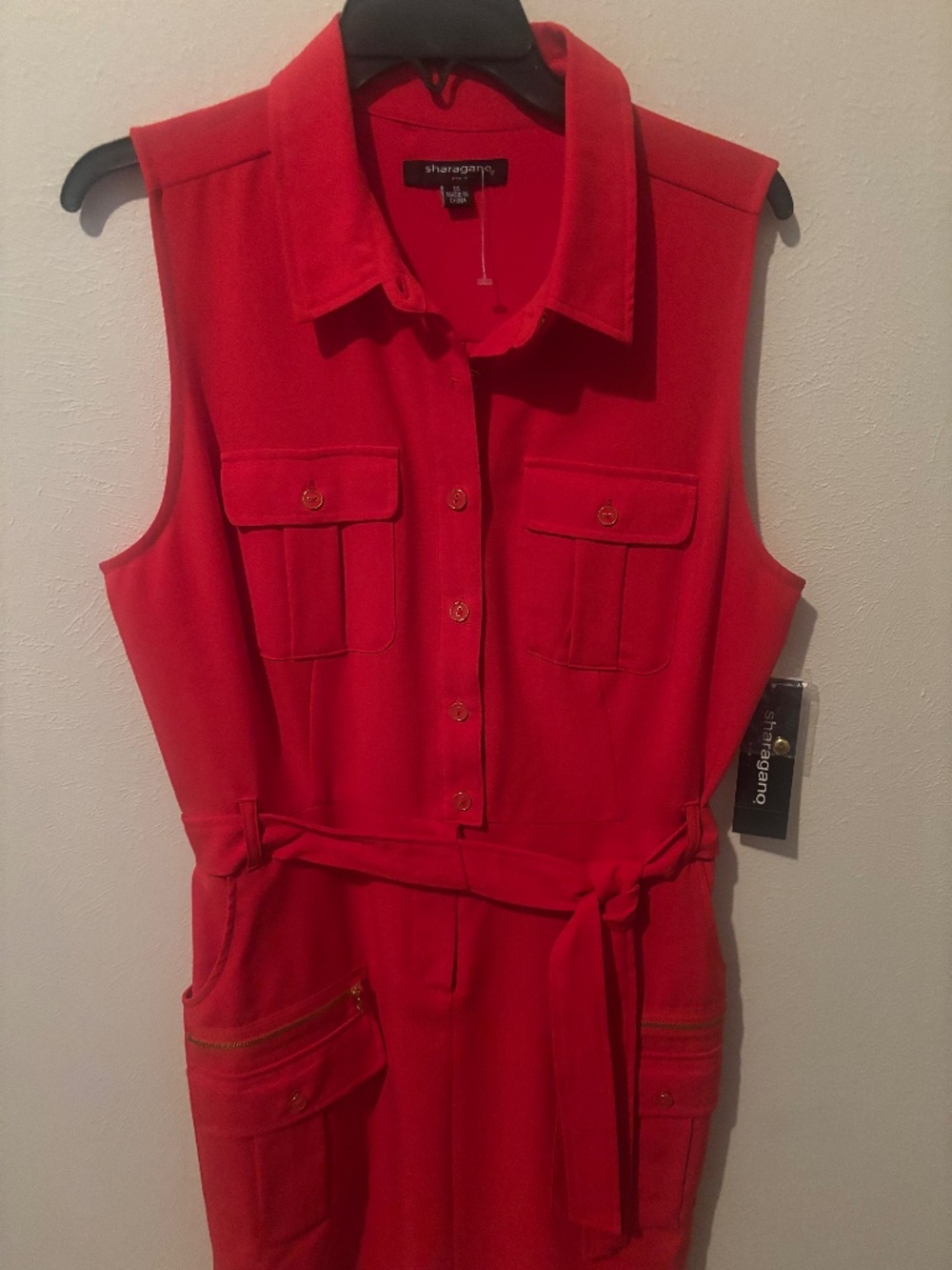 Sharagano Red Belted Stretch Sleeveless Dress with Pockets - Size 14